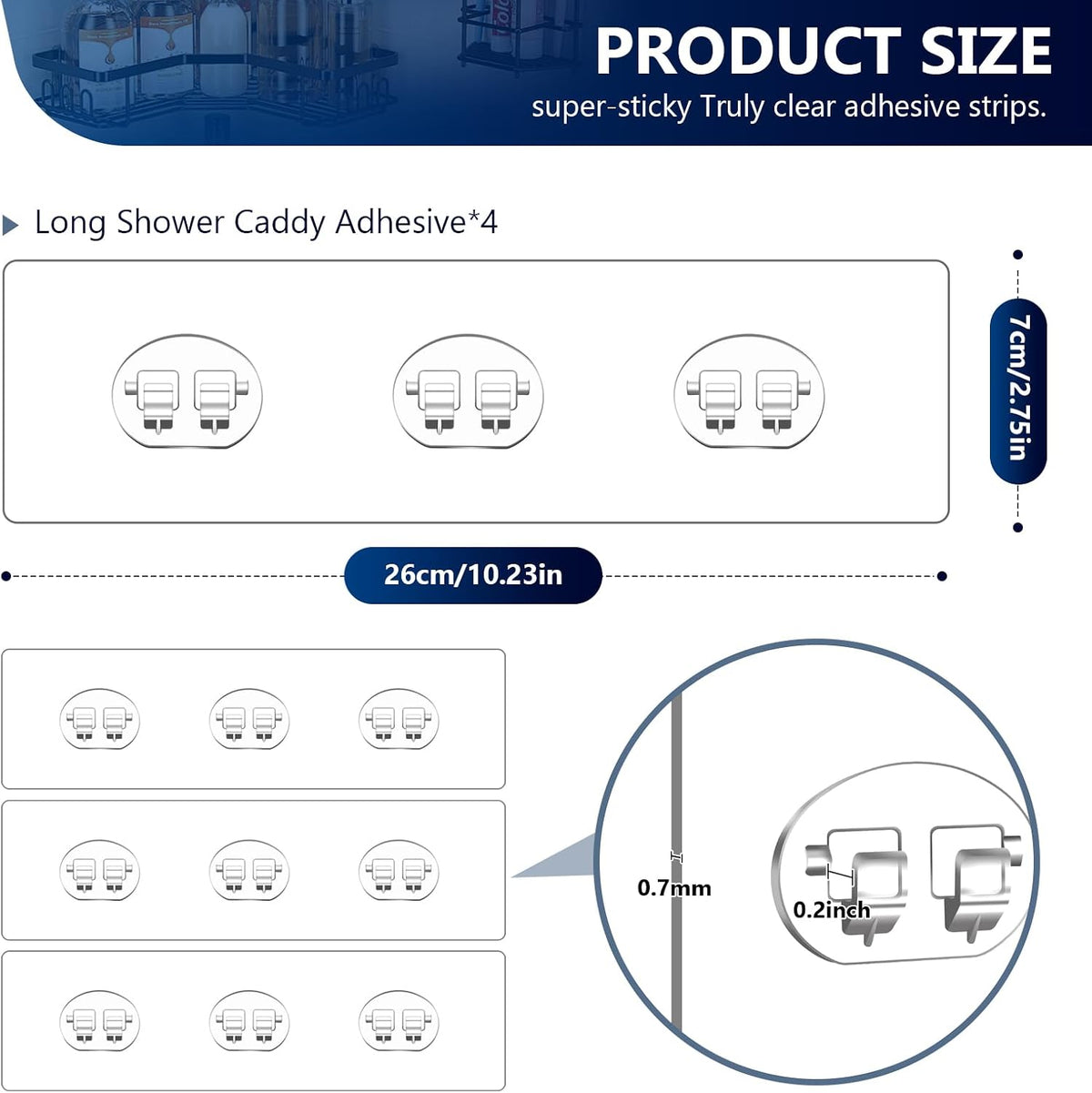 4 Pack Shower Shelf Adhesive Replacement, No Drilling Transparent Adhesive Hooks Stickers, Strong Wall Hook Strip for Shower Caddy Basket and Bathroom Shelf, Kitchen Racks (3 Hooks)