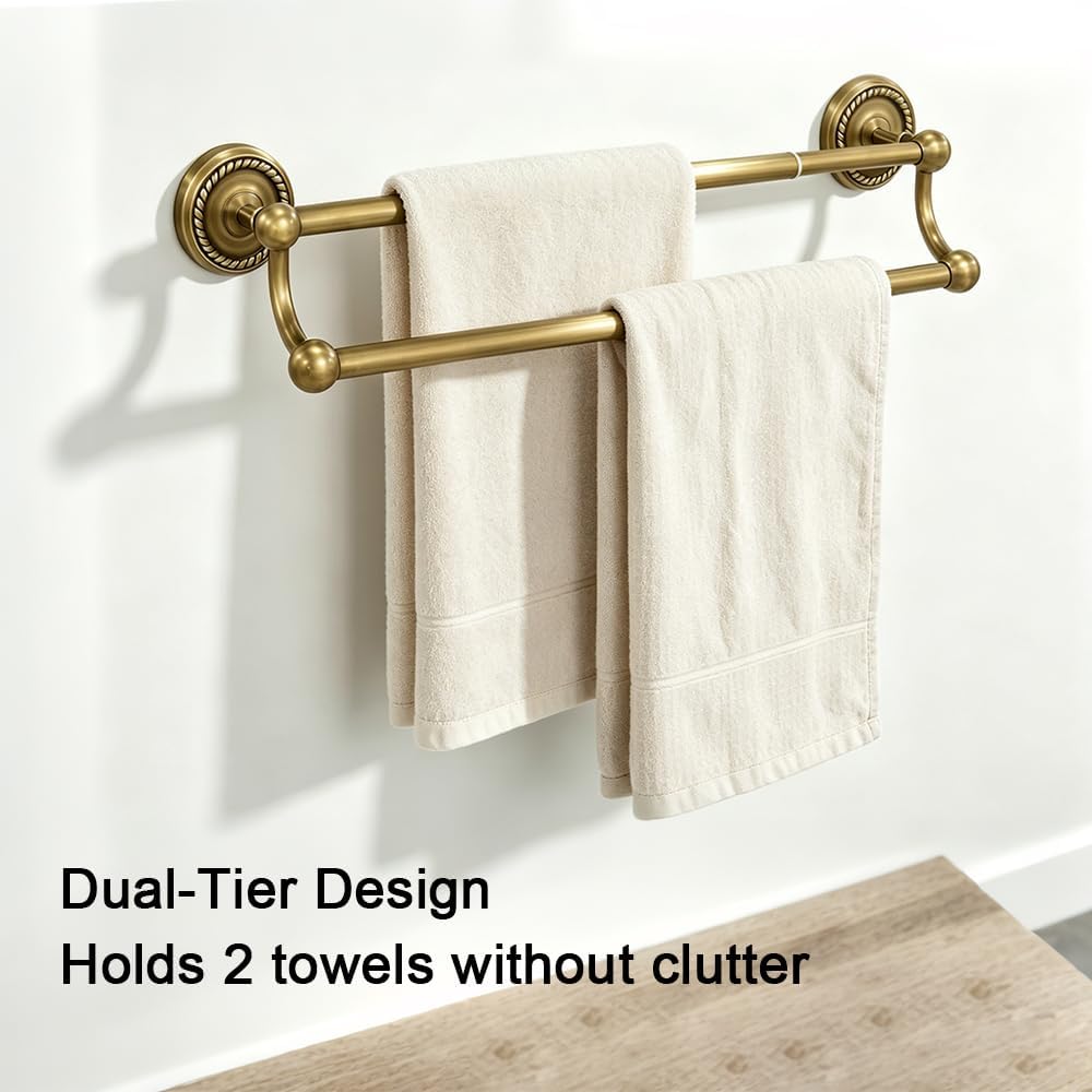 Adjustable GoldDouble Towel Bar, Antique Brass Wall Mount Towel Rack | Fits 16.4 to 27.8 Inch Wall Space, Heavy Duty Rustproof Towel Holder for Bathroom & Kitchen