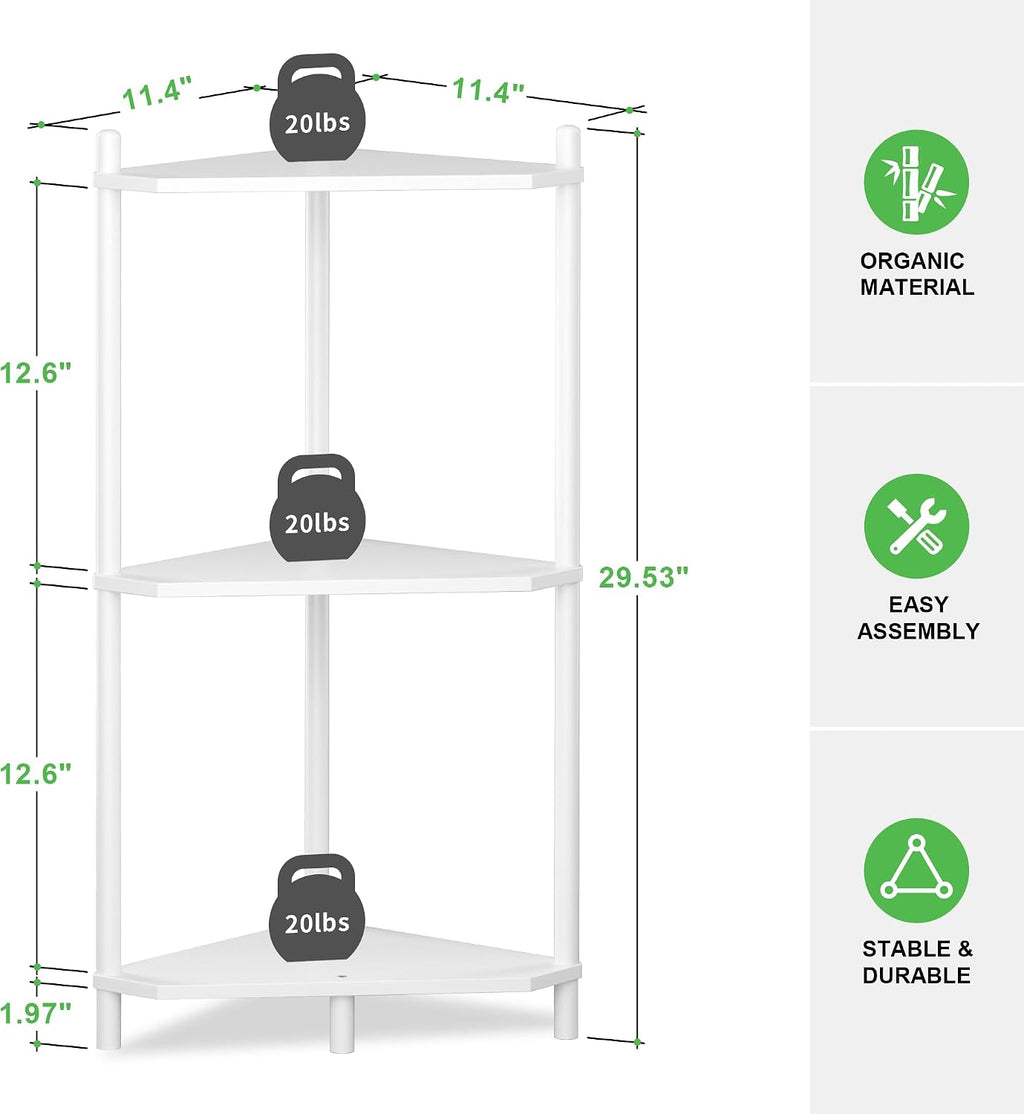 Wisuce White Small Corner Shelf Stand, 3-Tier Bamboo Corner Bookshelf