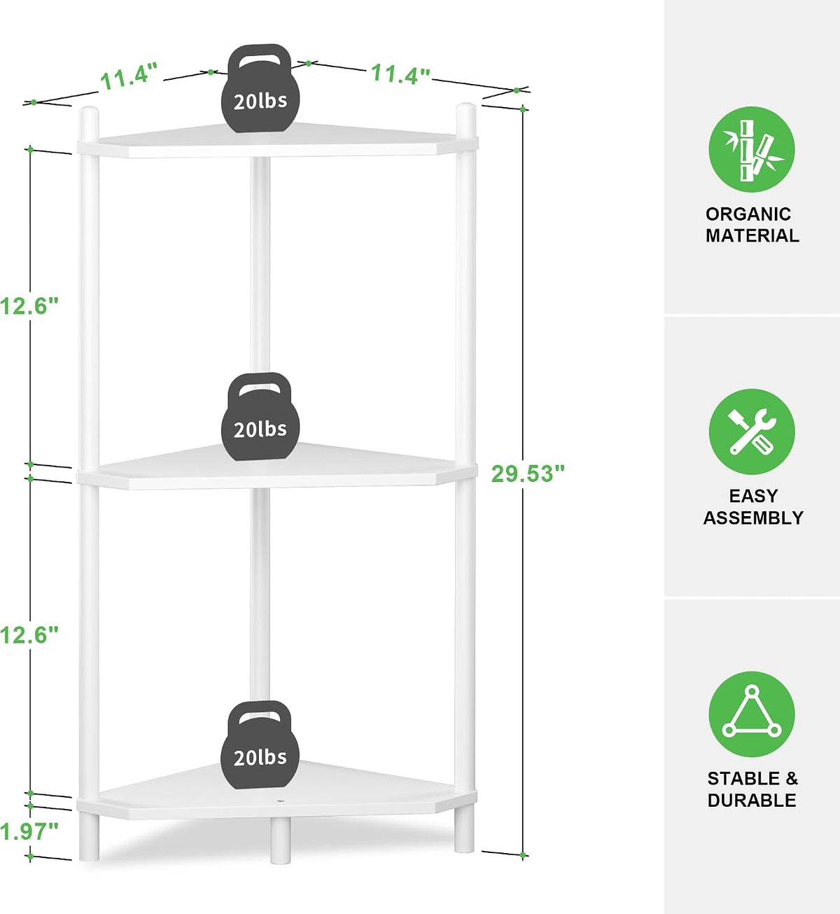 Wisuce White Small Corner Shelf Stand, 3-Tier Bamboo Corner Bookshelf