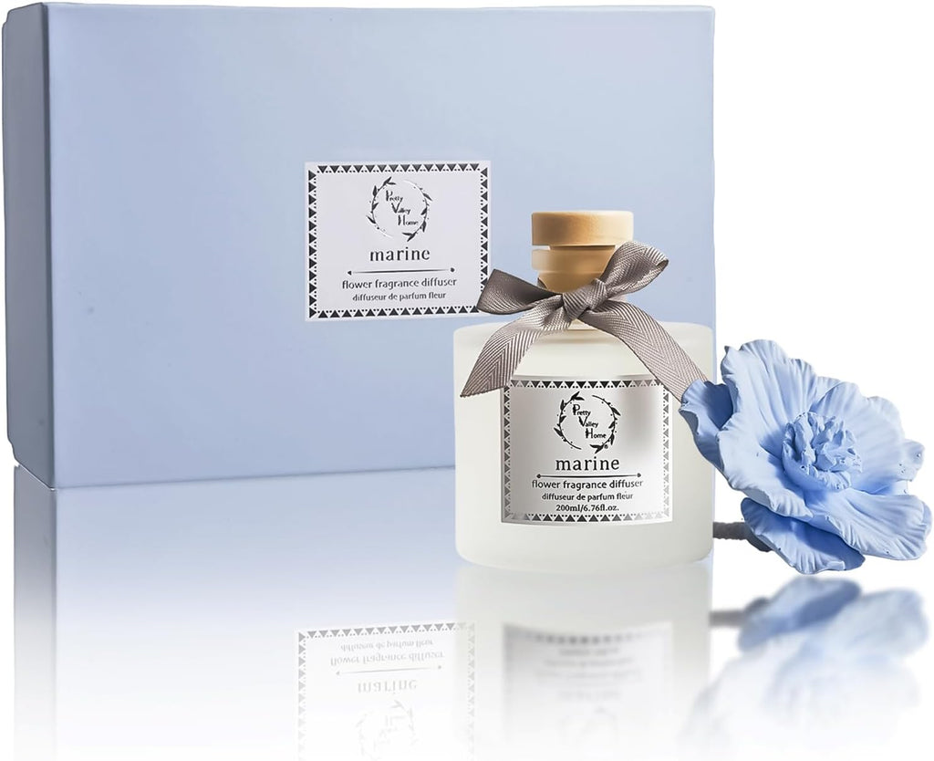 Reed Diffuser Sets, 6.76 Fl. Oz / 200ML Ceramic Diffuser Flower Gift Box, Home Reed Diffuser for Bathroom Office Bathroom Living Room Decor (Marine Blue)