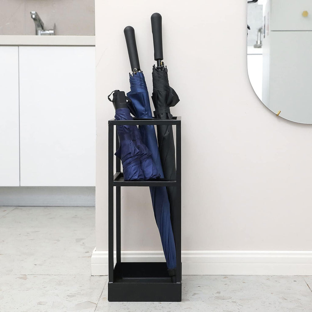 MyGift 20 Inch Tall Black Metal Geometric Umbrella Stand with Drip Tray