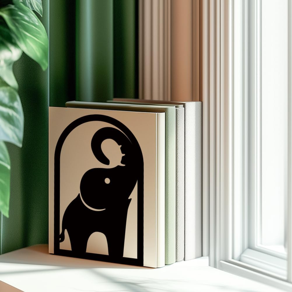 INFUNLY 1 Pair Metal Book Ends for Shelves Elephant Trunk Black Bookshelf Holder Stand Black Book Stopper Support for Desktop 7.1x4.7x3.5 for Home Office Library School Kitchen Decor