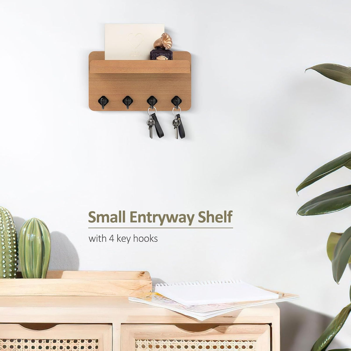 Nekon Key Holder Wall Mount, 8.5 Inch Small Wooden Wall Organizer, Wood