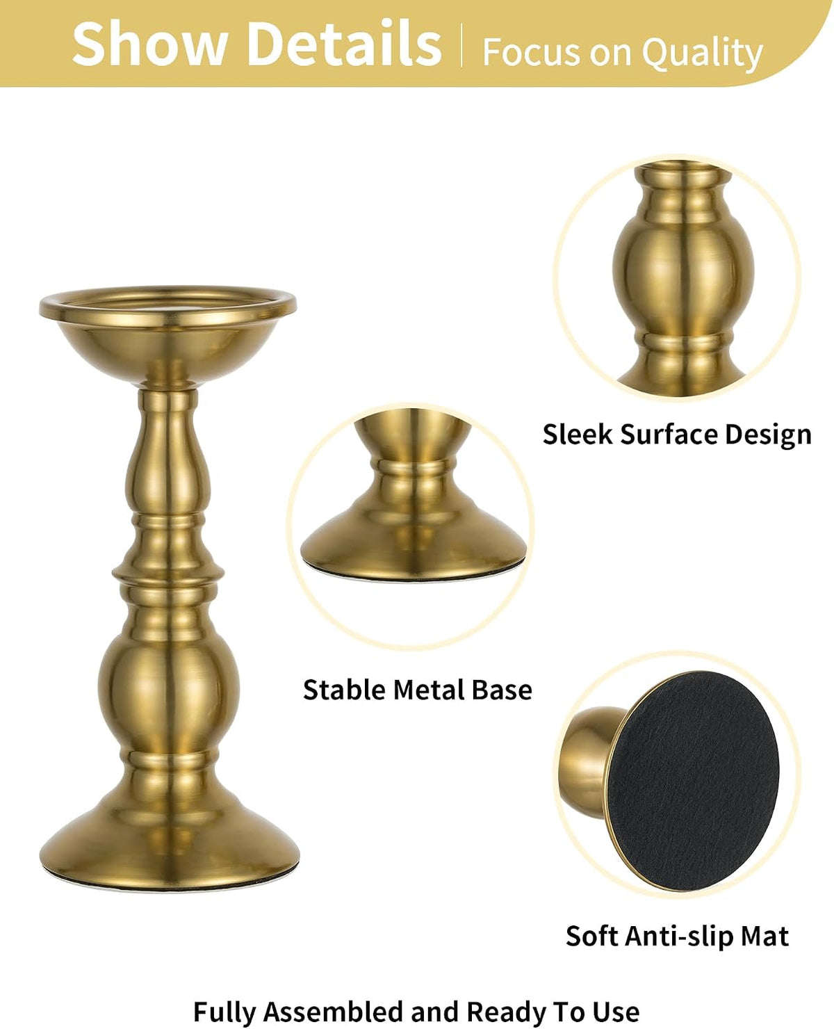 NUPTIO Gold Candle Holder for Table: Tall Brass Stand for 3" Pillars