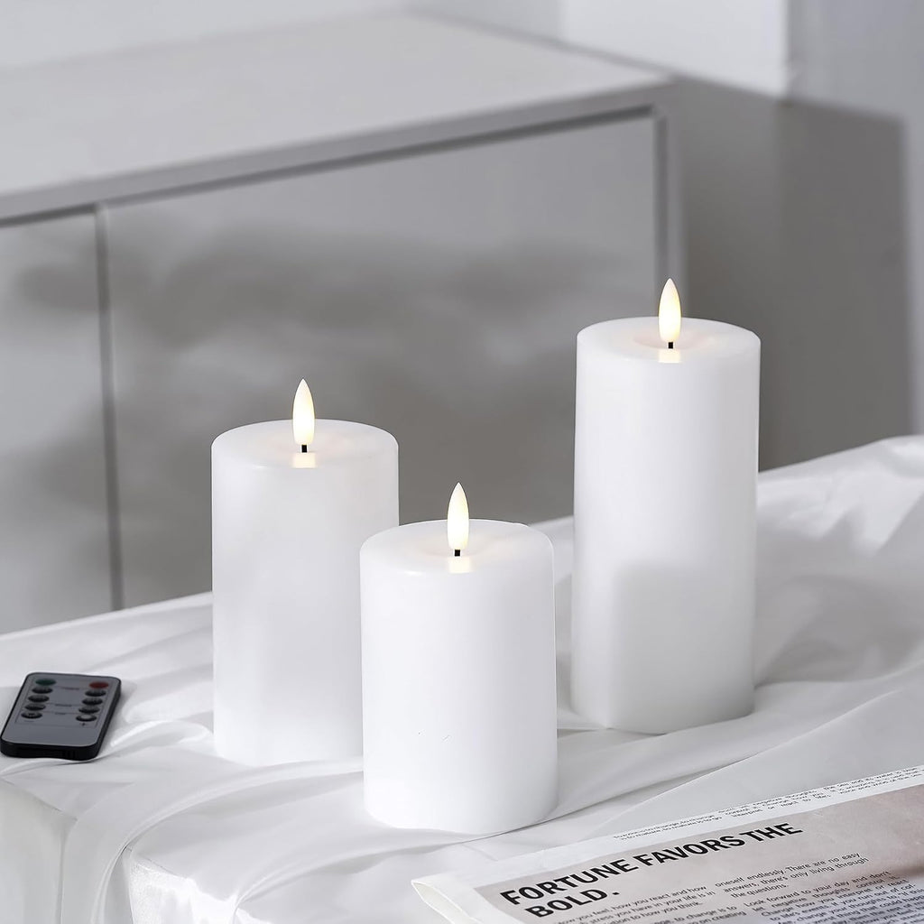 Stmarry White Flameless Candles with Remote and Timer, Real Wax Made LED Pillar Candles Battery Operated with 3D Flickering Flame - 3" x 4", 3" x 5", 3" x 6" - Set of 3