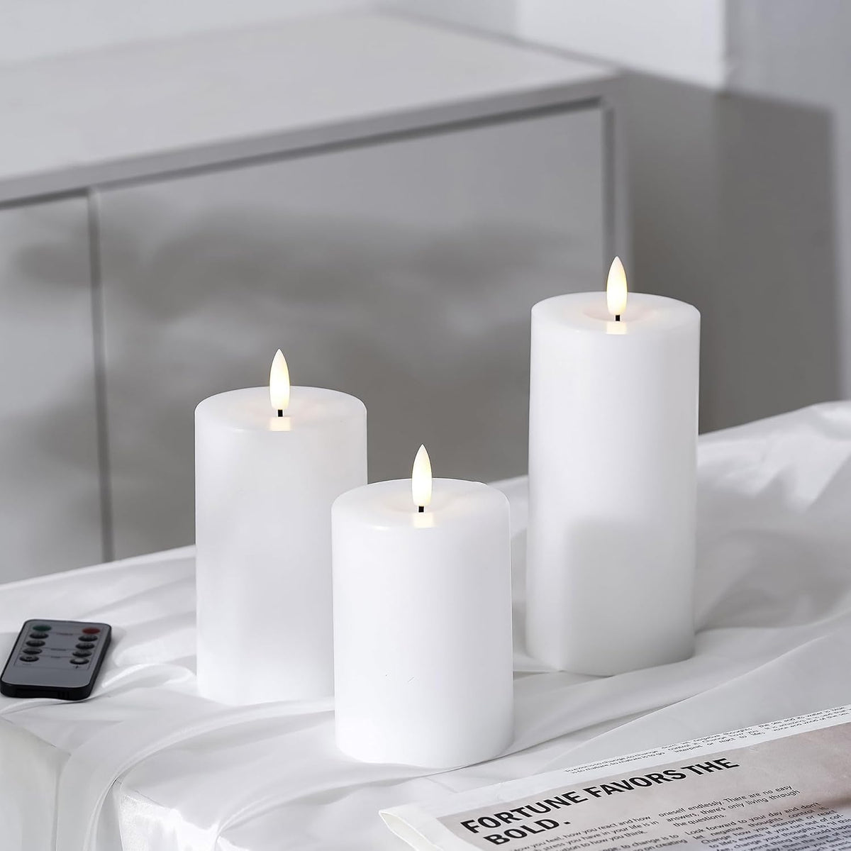 Stmarry White Flameless Candles with Remote and Timer, Real Wax Made LED Pillar Candles Battery Operated with 3D Flickering Flame - 3" x 4", 3" x 5", 3" x 6" - Set of 3
