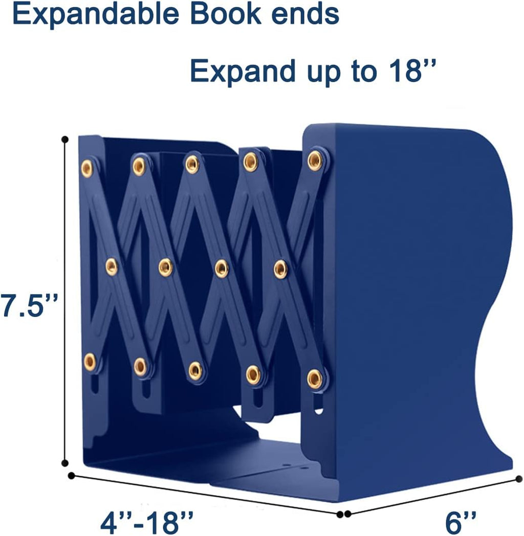 Metal Bookends for Heavy Books, Sturdy Book Stopper to Hold Books Heavy Duty, Adjustable Book Ends for Office & School (Blue)