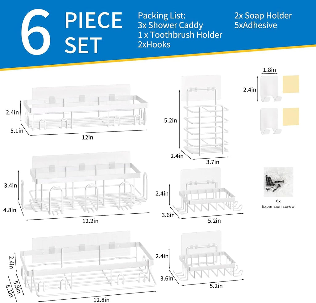 DTUQYX Shower Caddy 18 Pack,Adhesive Organizer for Bathroom Decor Accessories & Kitchen Storage,No Drilling,Large Capacity,Rustproof Stainless Steel Organizer,Home Decor Shelves (White 18 Pack)