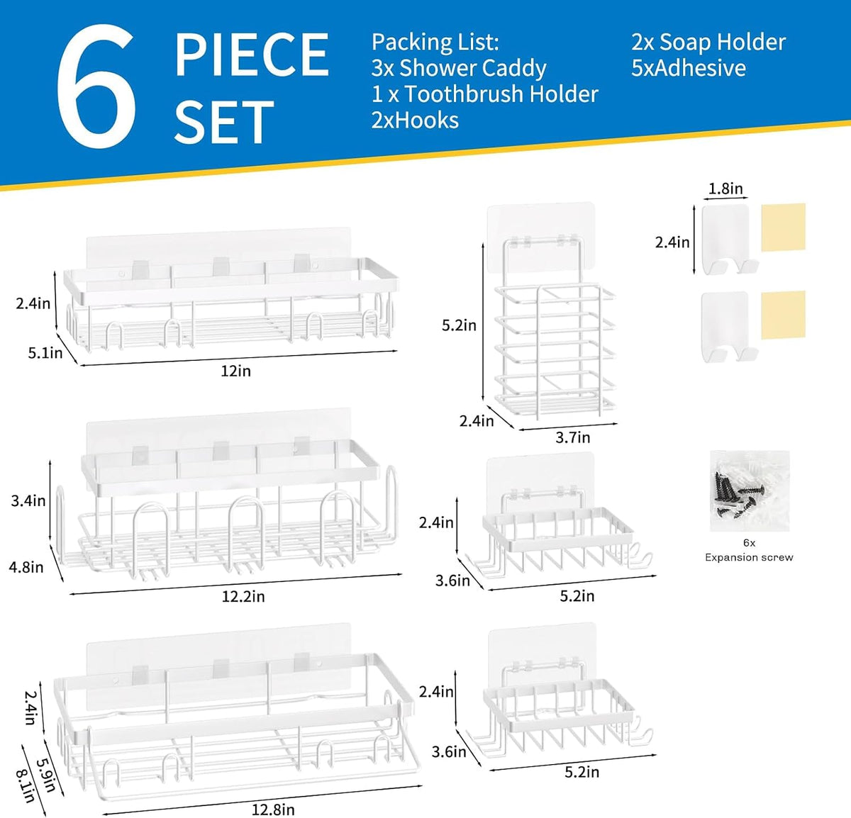 DTUQYX Shower Caddy 18 Pack,Adhesive Organizer for Bathroom Decor Accessories & Kitchen Storage,No Drilling,Large Capacity,Rustproof Stainless Steel Organizer,Home Decor Shelves (White 18 Pack)