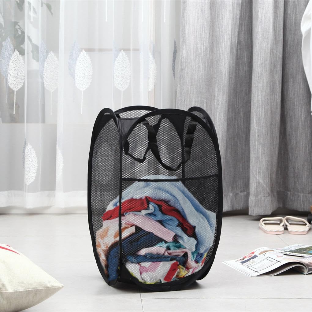 Larpur Popup Mesh Laundry Basket, Collapsible and Portable Clothes Washing Laundry Hamper with Reinforced Carry Handle (Black 2pcs)