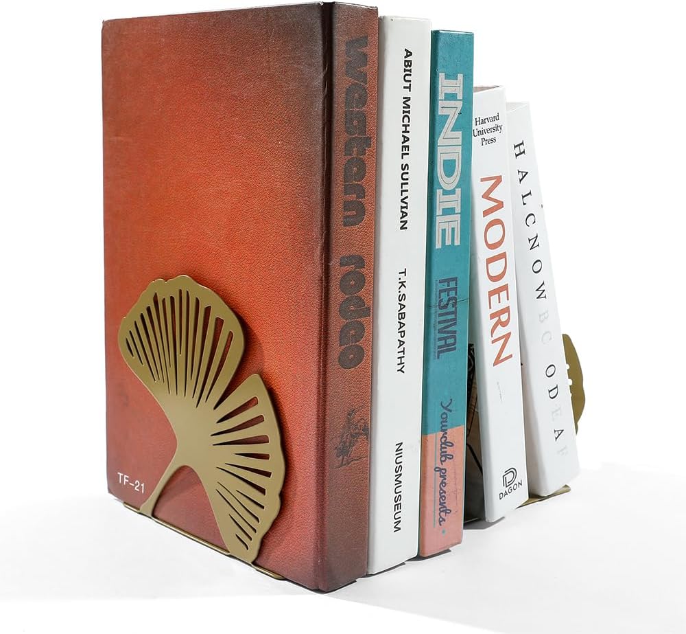 Ginkgo Leaf Metal Bookend, Botanical Leaf Veins Heavy Duty Book Stand
