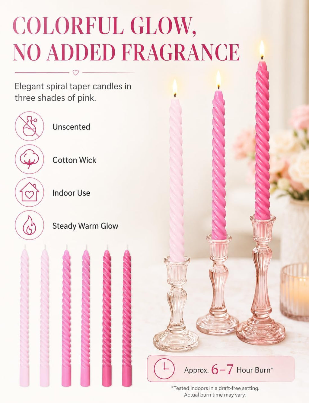 10 Inch Gradient Hot-Pink Spiral Taper Candle Set, 6 Pack Unscented Dripless Candlesticks for Wedding, Holiday Décor, and Festive Dinners