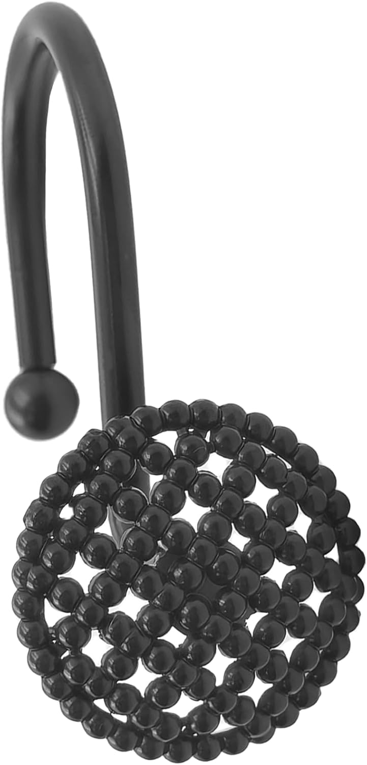 Black Shower Curtain Hooks, 12 Pack Modern 3D Beaded Decorative Shower Curtain Rings, Rust Proof Heavy Duty Metal Shower Hangers for Bathroom Rods