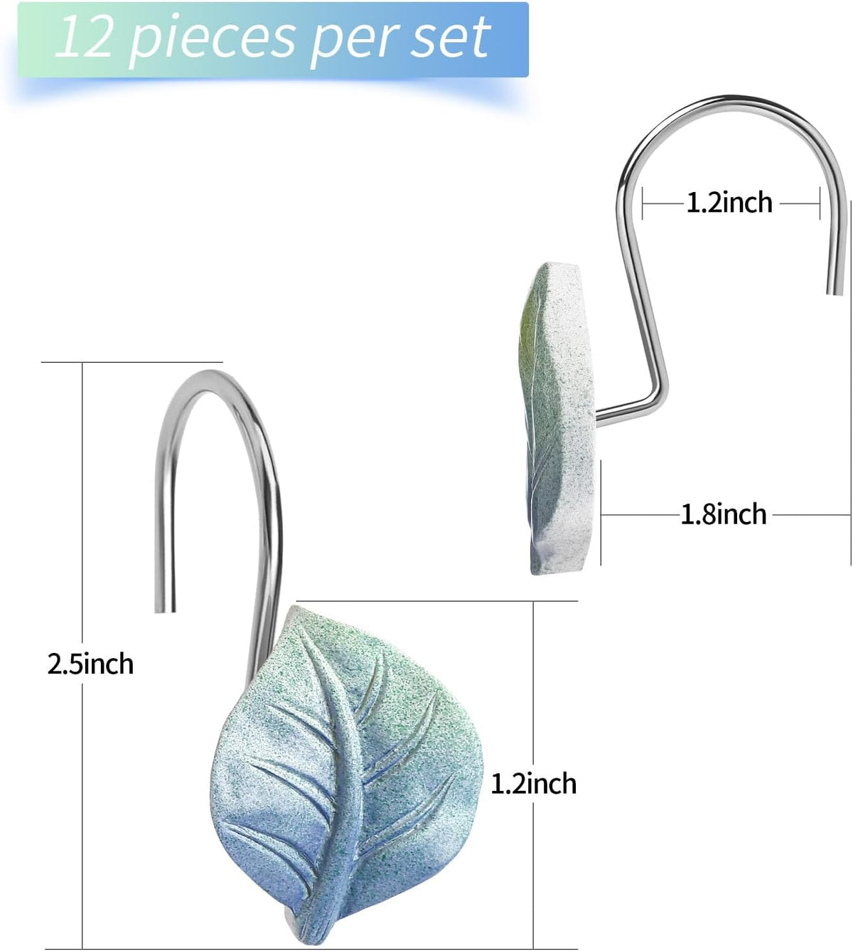 Blue Plant Leaf Shower Curtain Hooks,Eucalyptus Bathroom Decor,12PCS