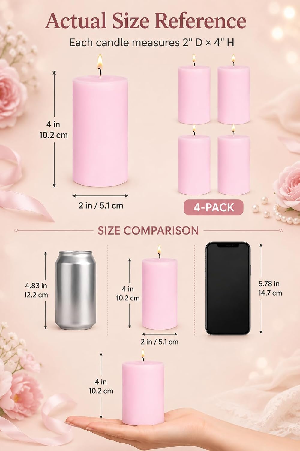 2x4 Inch Baby-Pink Unscented Pillar Candles for Home Décor