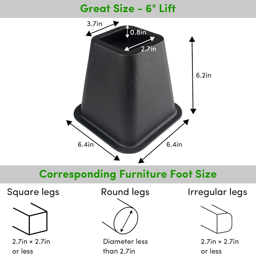 DEDU Bed Risers 6 Inch Heavy Duty 6 Pack, Furniture Risers for Sofas Oversized, Bed Furniture Risers with Non-Slip Pad Supports Up to 2200 Lbs for Bed, Couch, Desk, Chair (Black)