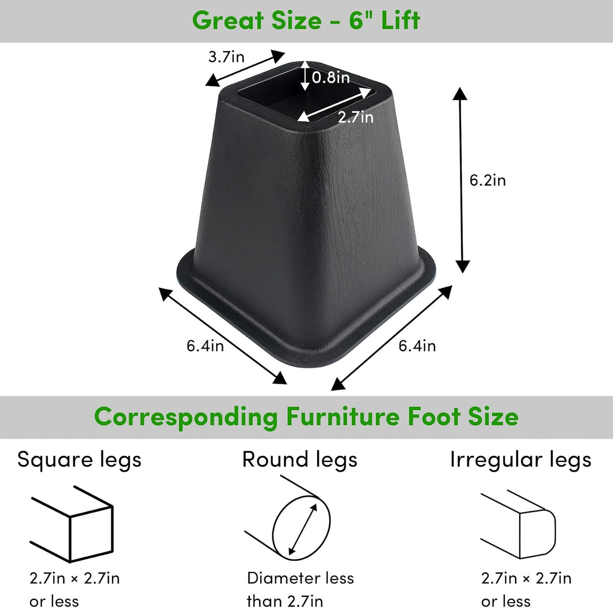 DEDU Bed Risers 6 Inch Heavy Duty 6 Pack, Furniture Risers for Sofas Oversized, Bed Furniture Risers with Non-Slip Pad Supports Up to 2200 Lbs for Bed, Couch, Desk, Chair (Black)