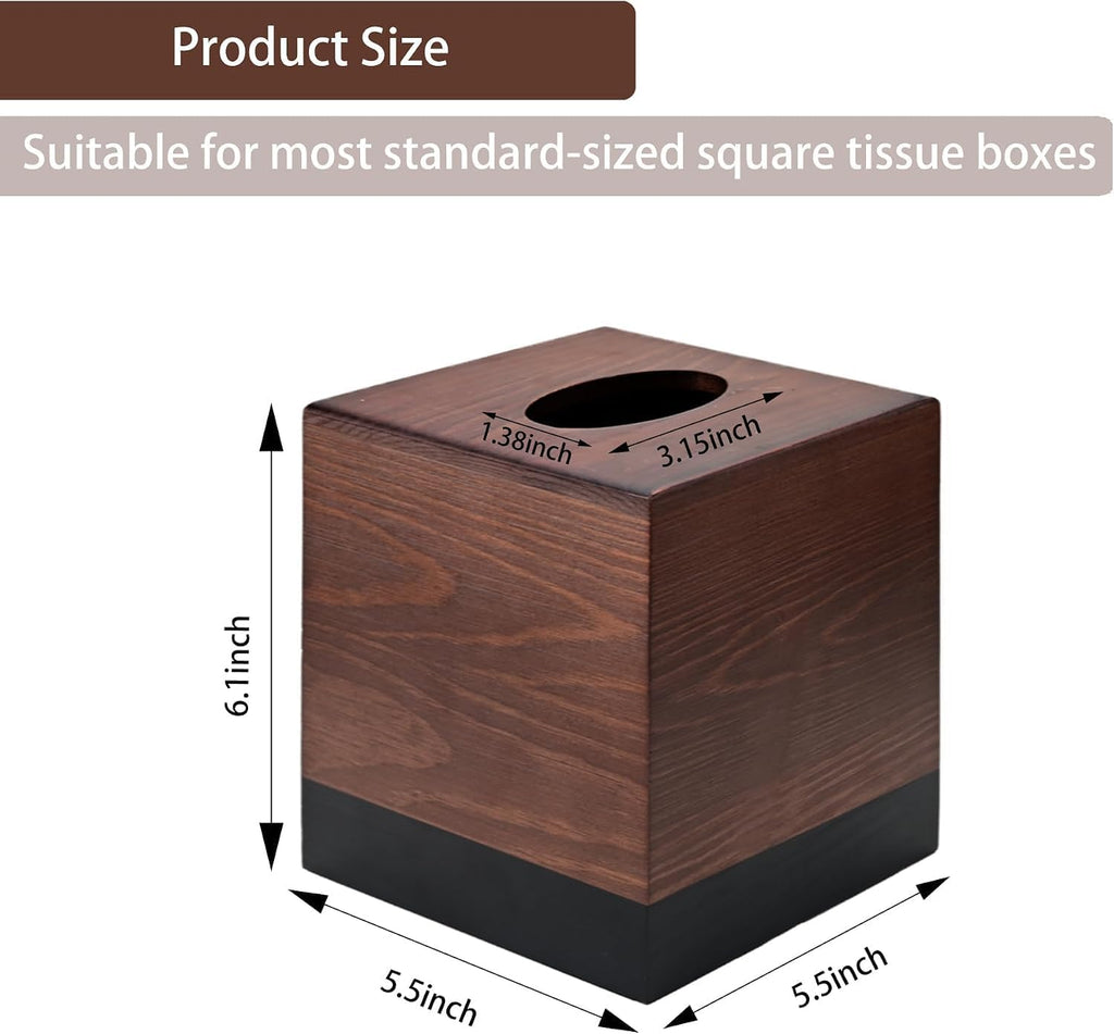 Square Tissue Box Cover, Wooden Tissue Box Holder with Slide-Out Magnetic Bottom, Pine Wood Tissue Box Cube for Bathroom, Bedroom, Nightstand & Table, 5.5 x 5.5 x 6.1 Inches