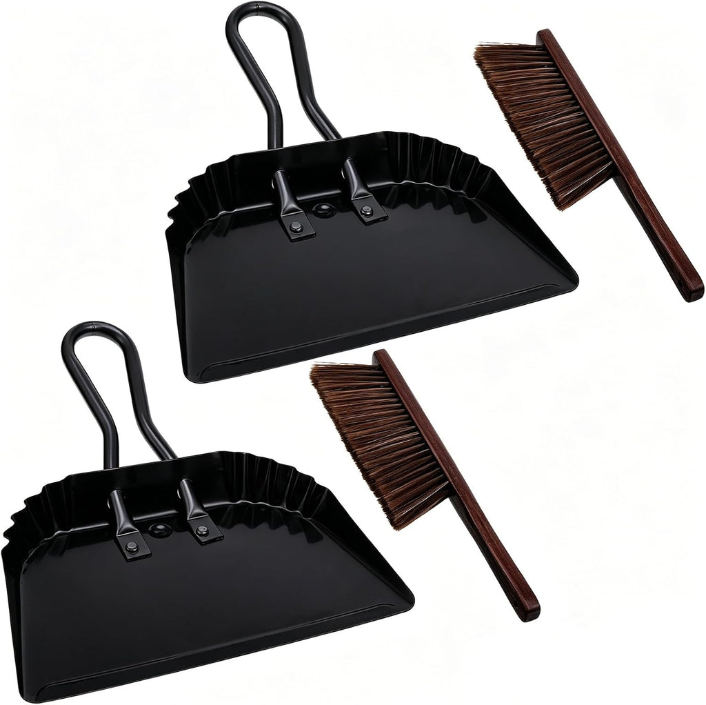 4Pcs Dust Pan and Brush Set, Heavy Duty Metal Dustpan with Wood Broom, Large 12In Black Iron Dust Pans, Handheld Broom for Pet Hair, Car, Patio, Office, Home Cleaning - Rubber Coated Handle