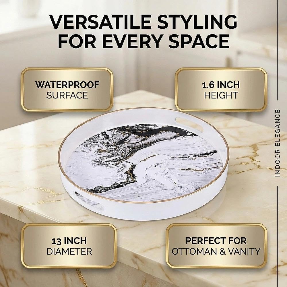 Round Decorative Tray, Marbling Plastic with Handles, Modern Vanity and Serving for Ottoman, Coffee Table, Kitchen and Bathroom, Size 13", White