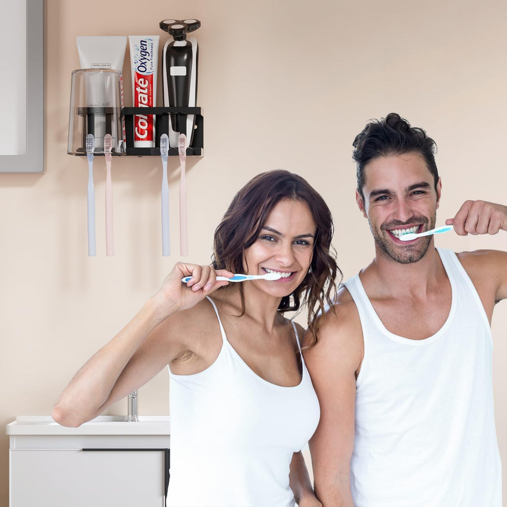 Wall Mounted Toothbrush Holders for Bathroom, Self Adhesive or Drill, Black