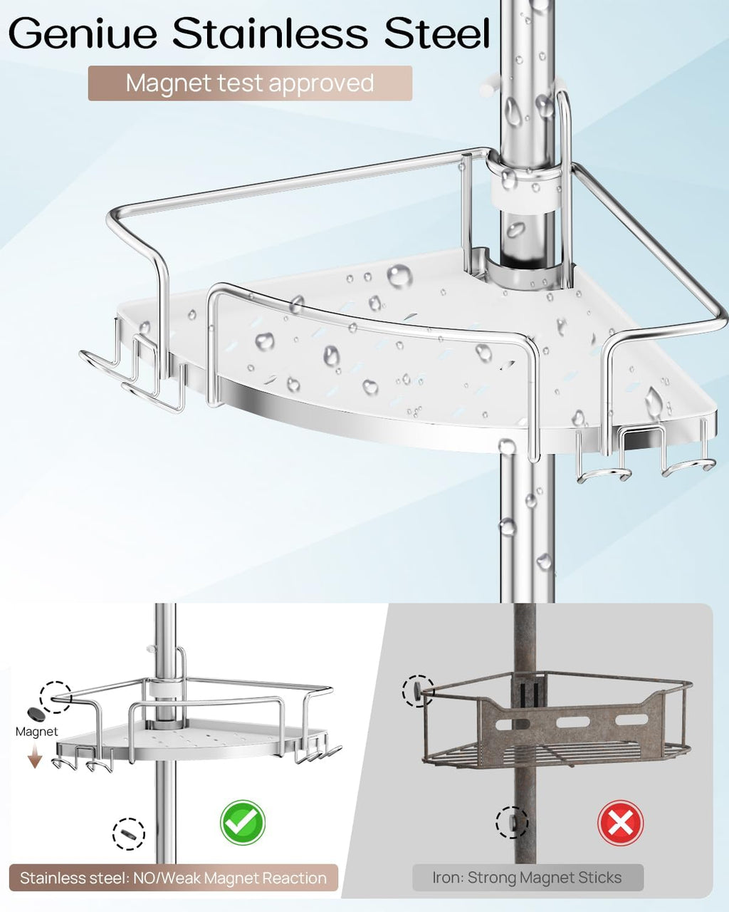 ALLZONE Two-Tone Corner Shower Caddy Tension Pole for Bath Shampoo Storage
