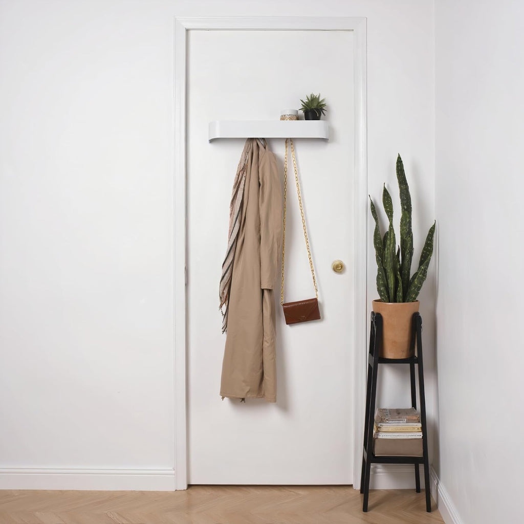 xympo Modern Wall-Mounted Coat Rack with Shelf – Heavy-Duty Steel, 5 Sturdy Hooks, Powder-Coated Finish, Space-Saving Entryway Organizer with Mounting Hardware – Sleek & Minimalist Design (White)