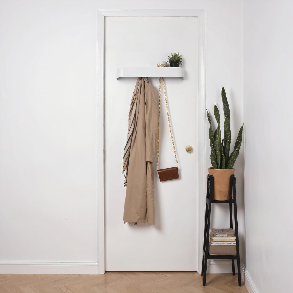 xympo Modern Wall-Mounted Coat Rack with Shelf – Heavy-Duty Steel, 5 Sturdy Hooks, Powder-Coated Finish, Space-Saving Entryway Organizer with Mounting Hardware – Sleek & Minimalist Design (White)
