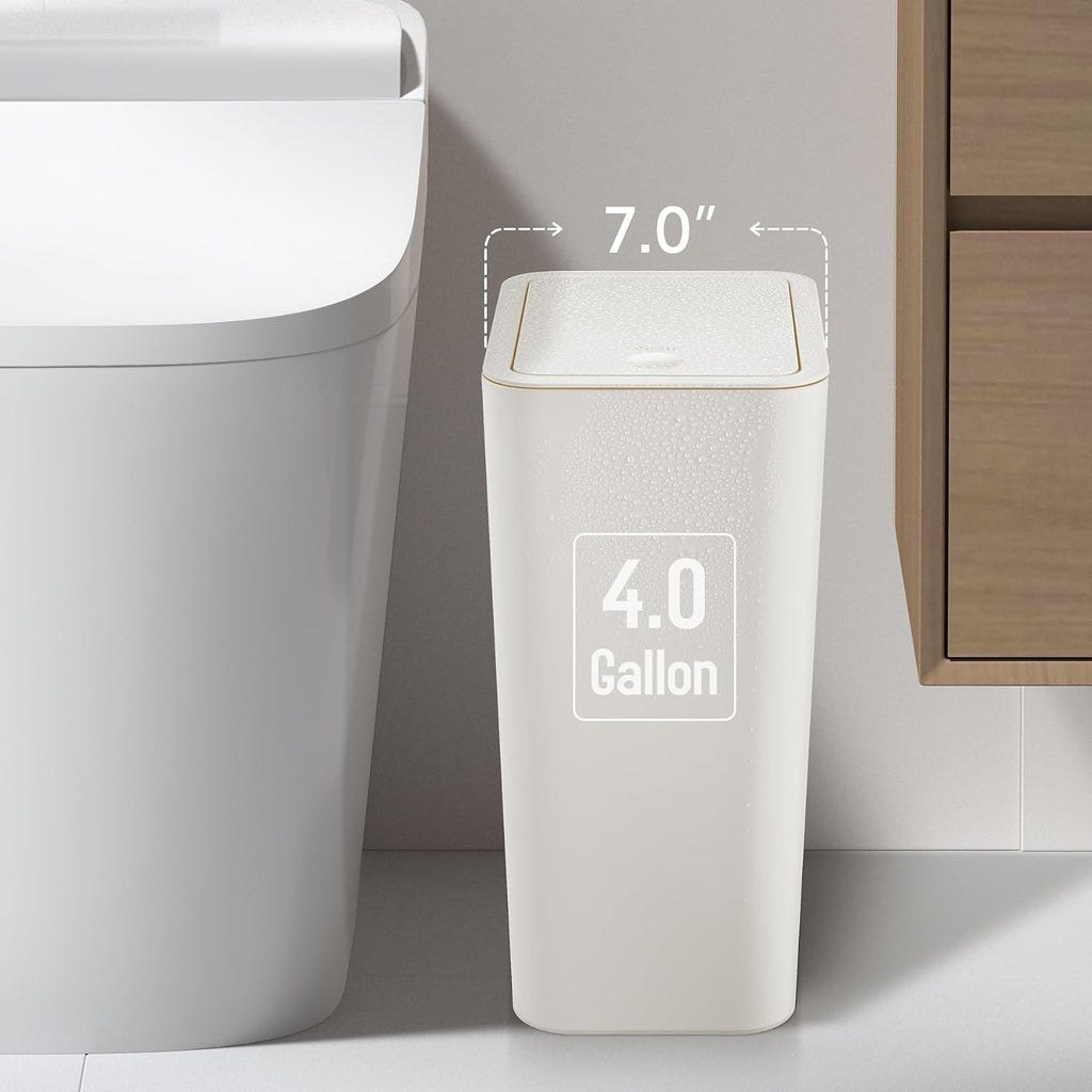 TIPGO Bathroom Trash Can with Lid, 4 Gallon / 15 Liter Small Garbage Can, Press Top Bin, Plastic Wastebasket with Pop-Up Lid for Bedroom, Living Room, Office (White)