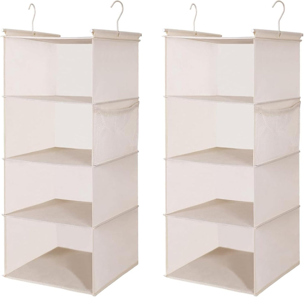 MAX Houser 4 Tier Shelf Hanging Closet Organizer, Closet Hanging Shelf with 2 Sturdy Hooks for Storage,2 Pack, Foldable (Beige)