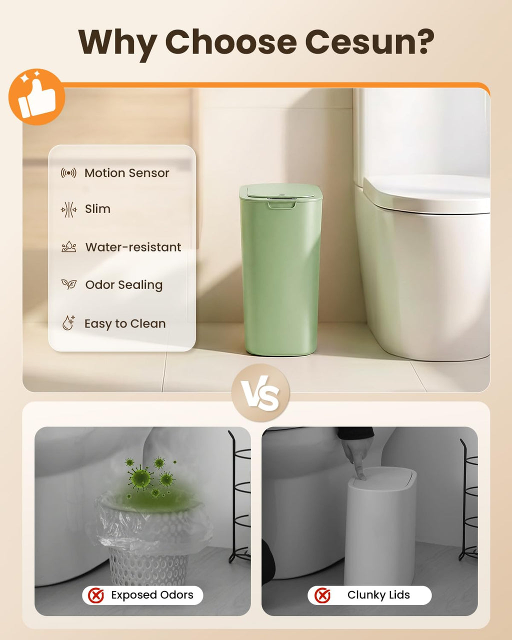 Cesun 5 Gallon Automatic Bathroom Trash Can with Lid, Green, Touchless