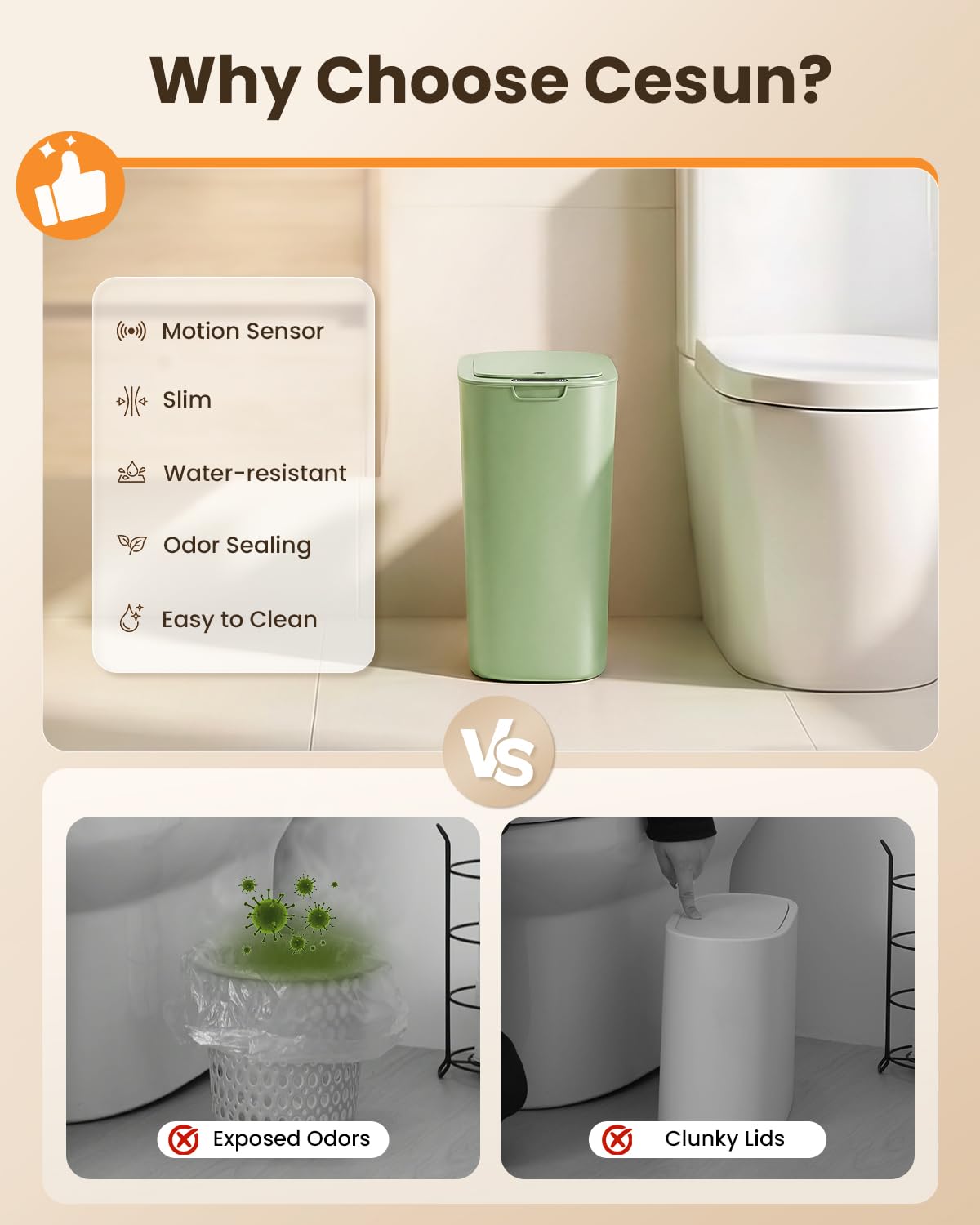 Cesun 5 Gallon Automatic Bathroom Trash Can with Lid, Green, Touchless