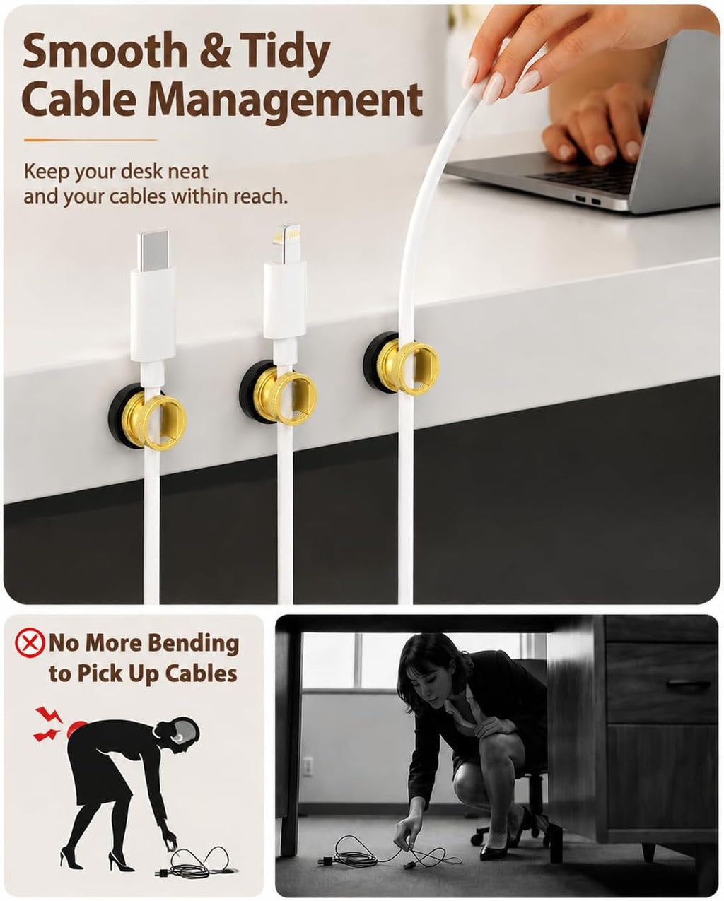Viaky Magnetic Cord Holder,3 PCS Gold Metal Wire Organizer