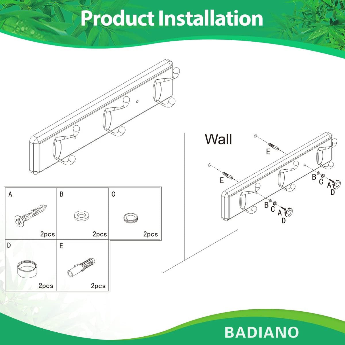 Badiano Heavy Duty Wooden Coat Rack, Wall-Mounted Organizer, 14 Inch, Black