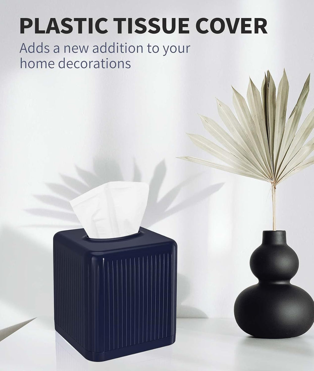 Livelab Tissue Box Cover with Base, Square Plastic Tissue Box Holder Decorative Tissue Box Case Modern Facial Paper Dispenser for Bathroom, Vanity Countertops, Night Stands, Desk - Navy Blue