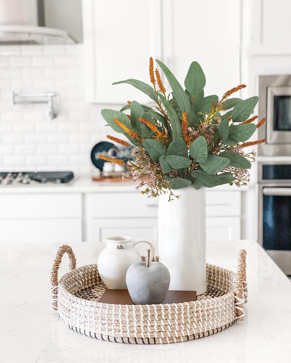 Briful Fall Artificial Eucalyptus Bouquet with Orange Sage Leaves – Autumn Faux Greenery Bush with Raffia Wrap for Farmhouse, Kitchen, Table, and Seasonal Home Décor