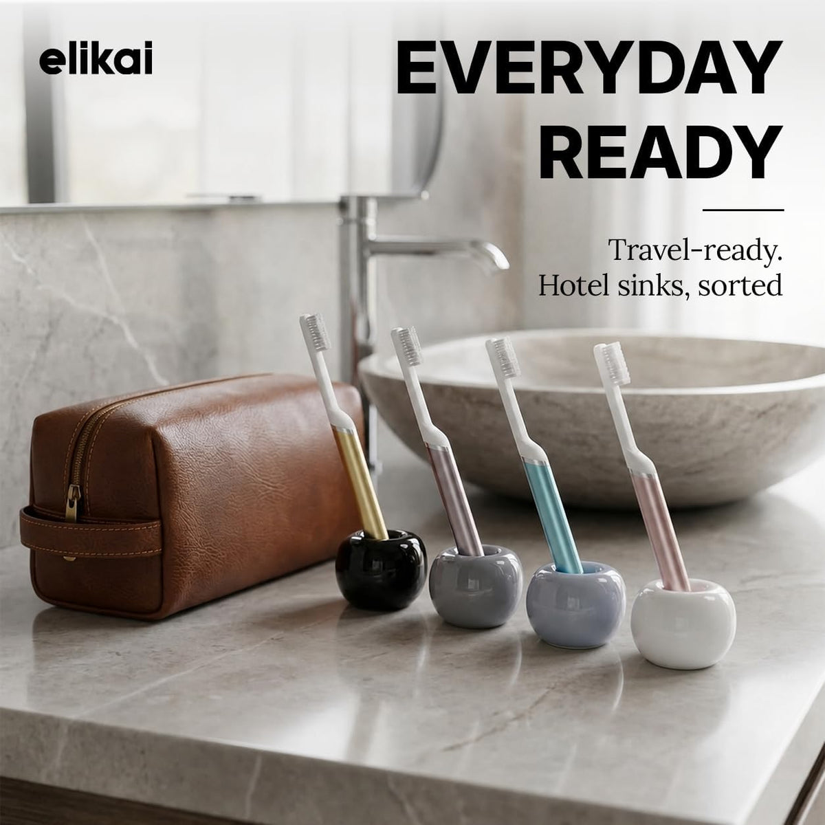 ELIKAI Ceramic Toothbrush Holders with Bathroom Tray, Countertop Organizer for Toothbrushes and Accessories, Hygienic Individual Holder Set (Black, Grey & White, 4 Holders)