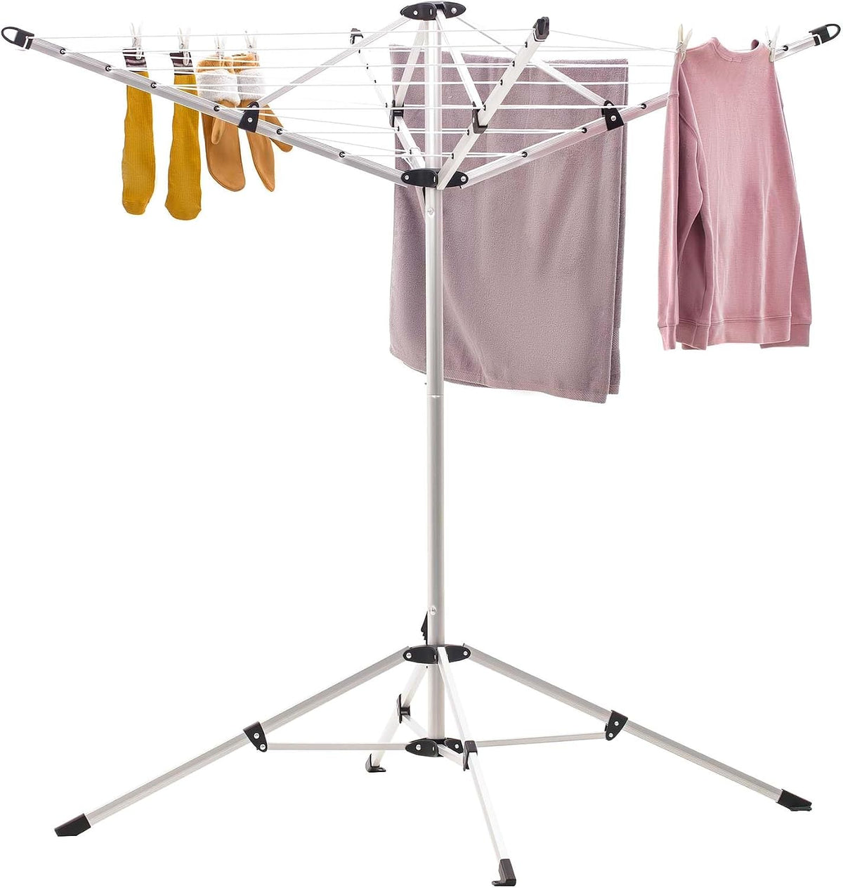 JS HANGER Indoor and Outdoor Portable Clothes Drying Rack with 4 Rotatable Arms for Hangers, 4 Legs, Collapsible Umbrella Laundry Air Dryer with 65 ft. of Hanging Space - Silver