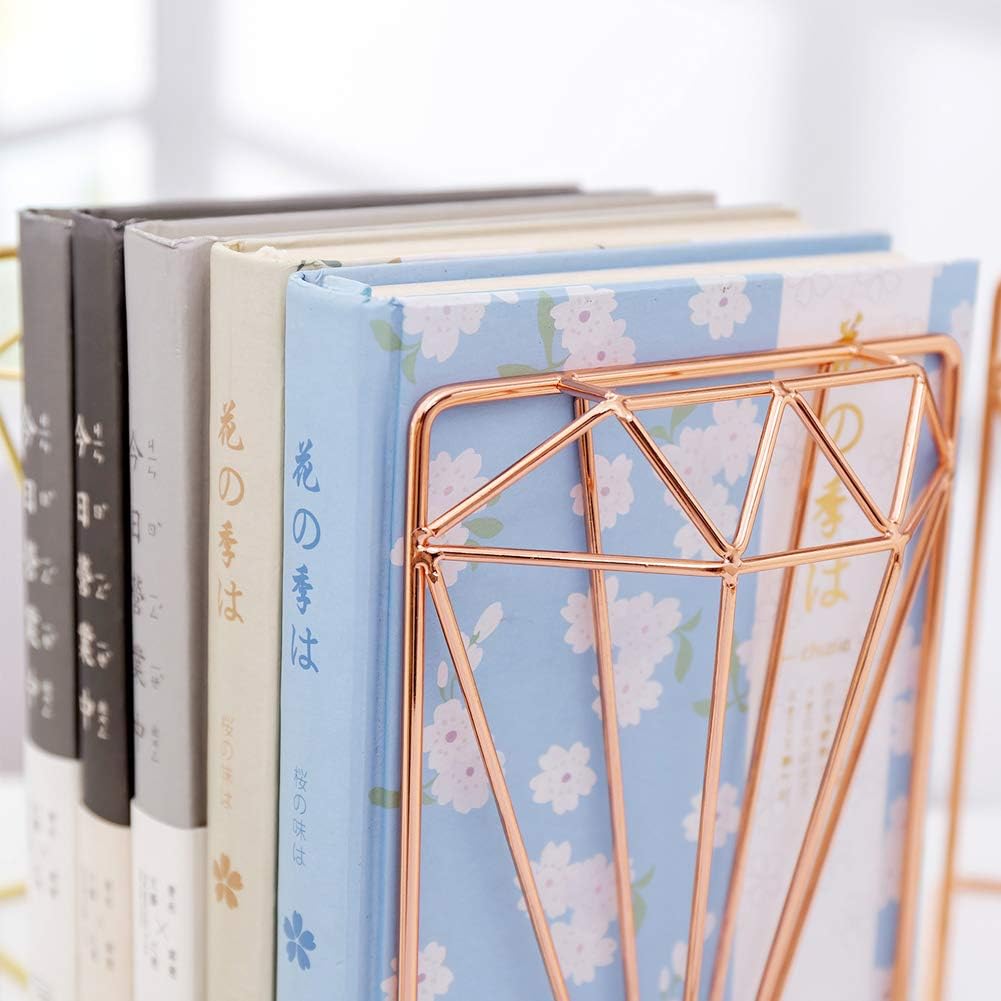 Winterworm Metal Bookends Book Ends Heavy Duty Modern Decorative for Bedroom Library Office School Book Display Desktop Organizer Gift (Diamond Rose Gold)