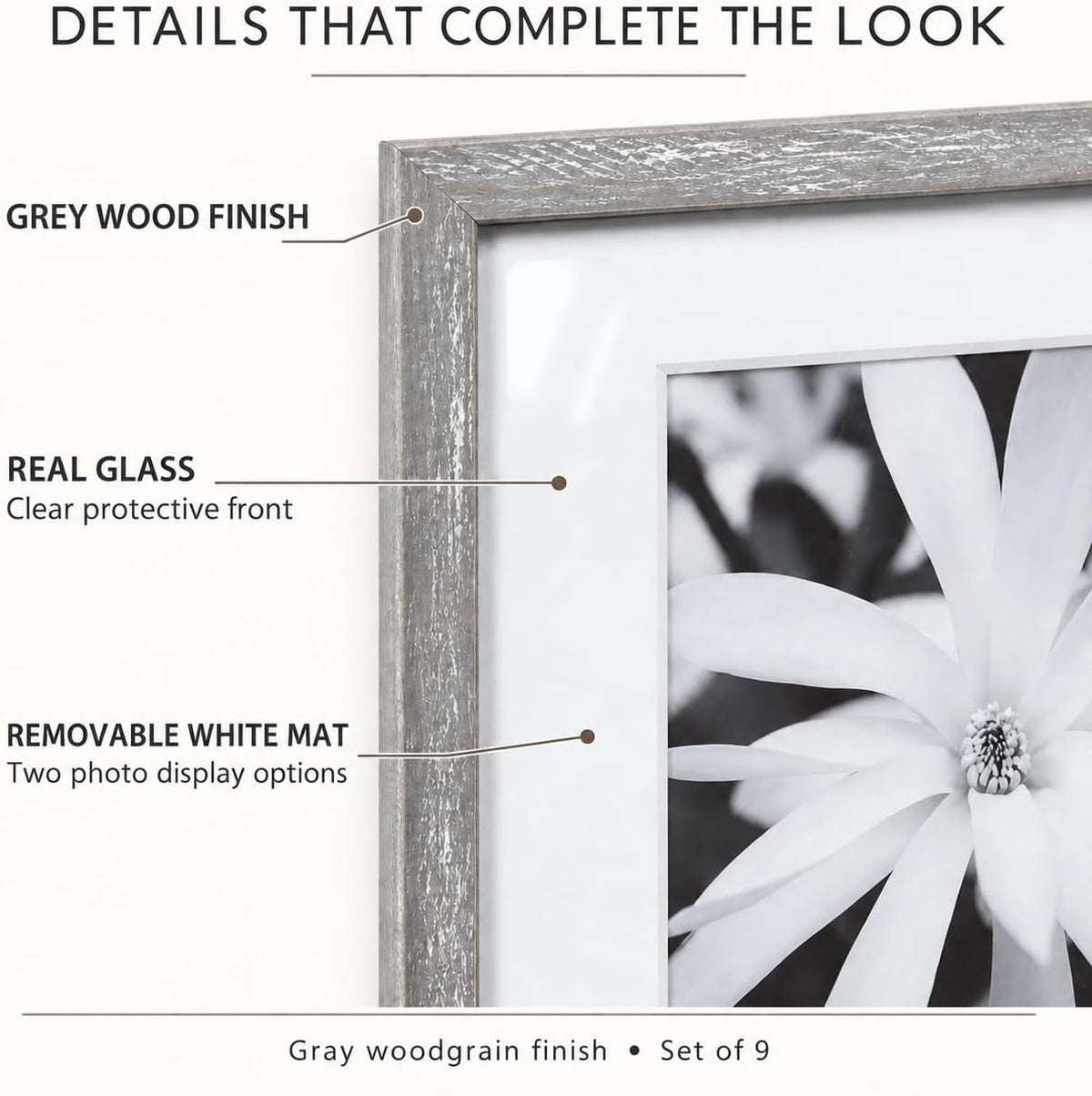 GALLERY PERFECT 12x12 Picture Frames, 9 Piece Set with Real Glass Cover for 8x8 Photos With Mat, Picture Frames Collage Wall Decor for Gallery Wall, Home Decor, Grey