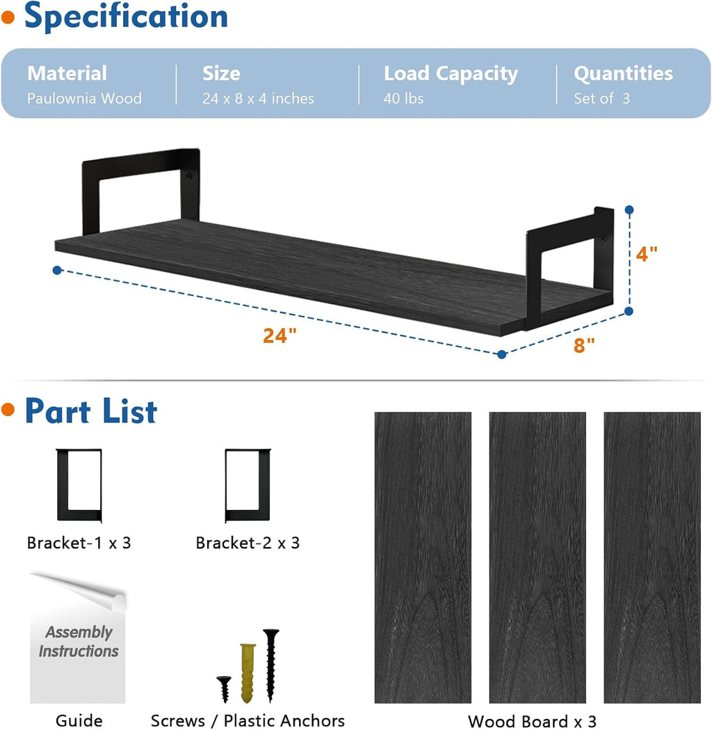 Black Wall Shelves for Bedroom 24 Inch Long, 8 In Deep Floating Shelves