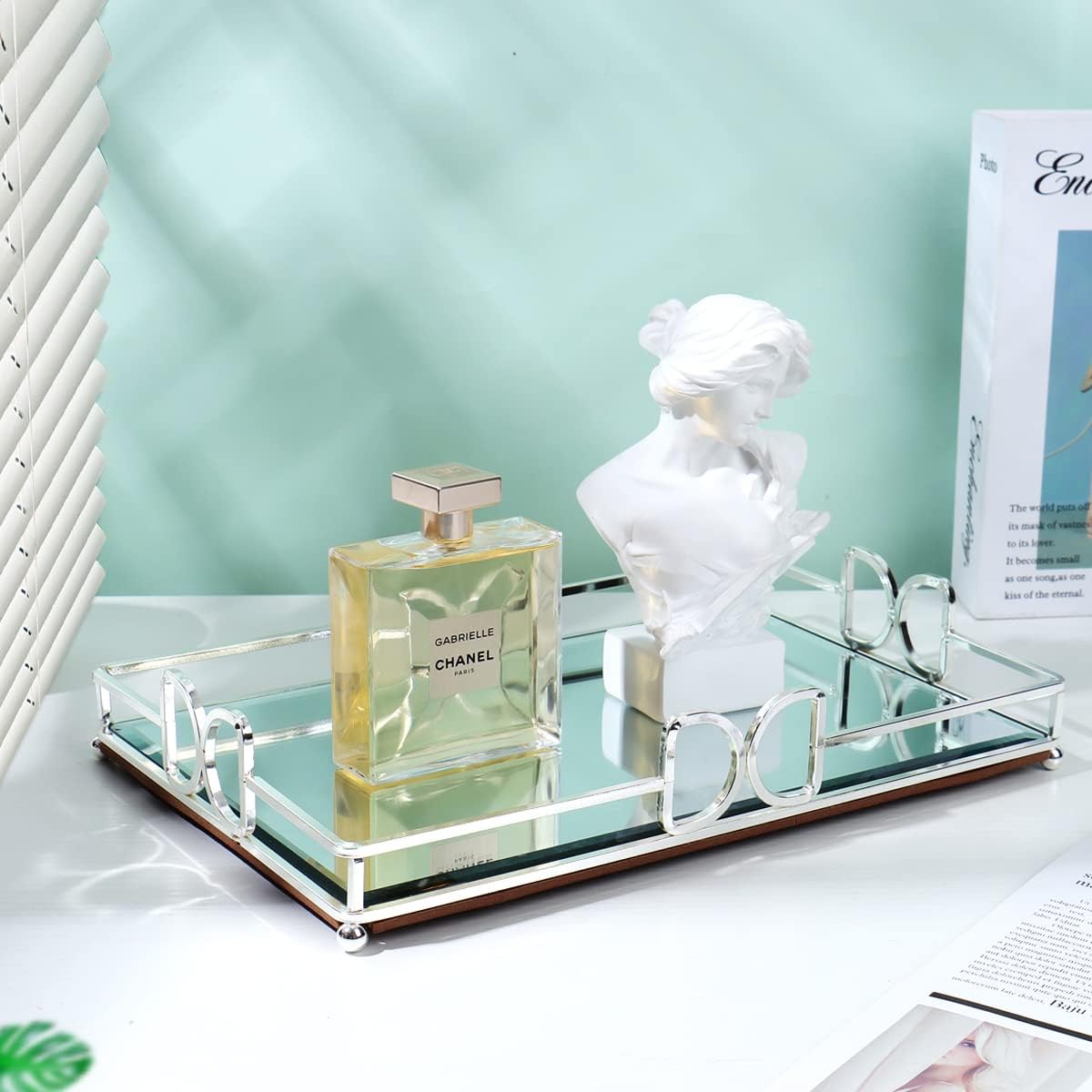 Decorative Tray, Bright Silver, Modern Premium Feeling Perfume Tray, Luxury Rust-Proof Glass Tray for Bathroom, Dresser, Bedroom
