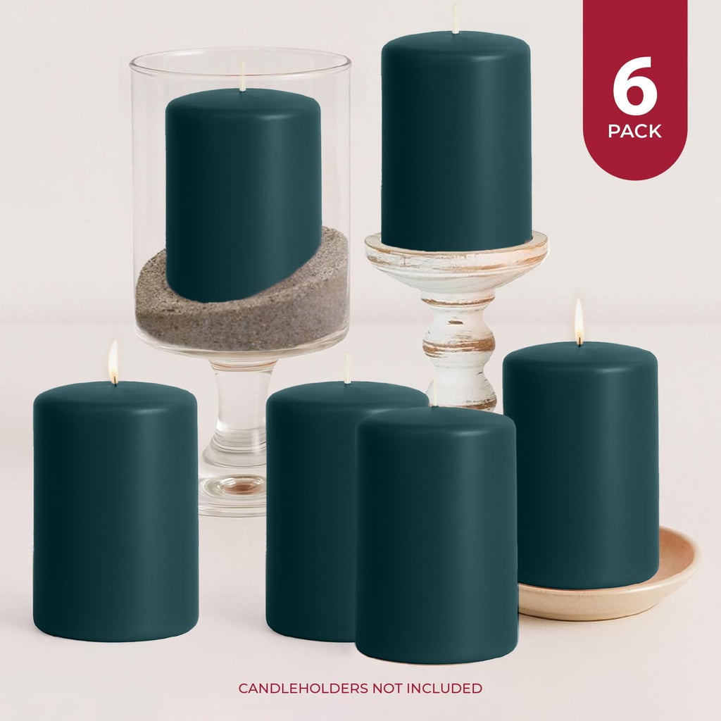 Biedermann & Sons Evergreen Pillar Candles (6 Pack), 4 Inch Tall 3 Inch Wide Round, Unscented Paraffin Wax, Approx 40 to 45 Hour Burn, Dripless Decorative Candles for Centerpieces