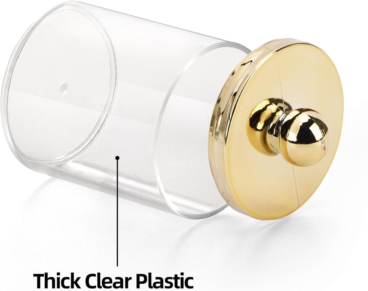 Tbestmax 10oz Qtips Holder Bathroom Container - Plastic Apothecary Jar with Gold Lids for Cotton Bal Swab Round Pads, Floss - Gold