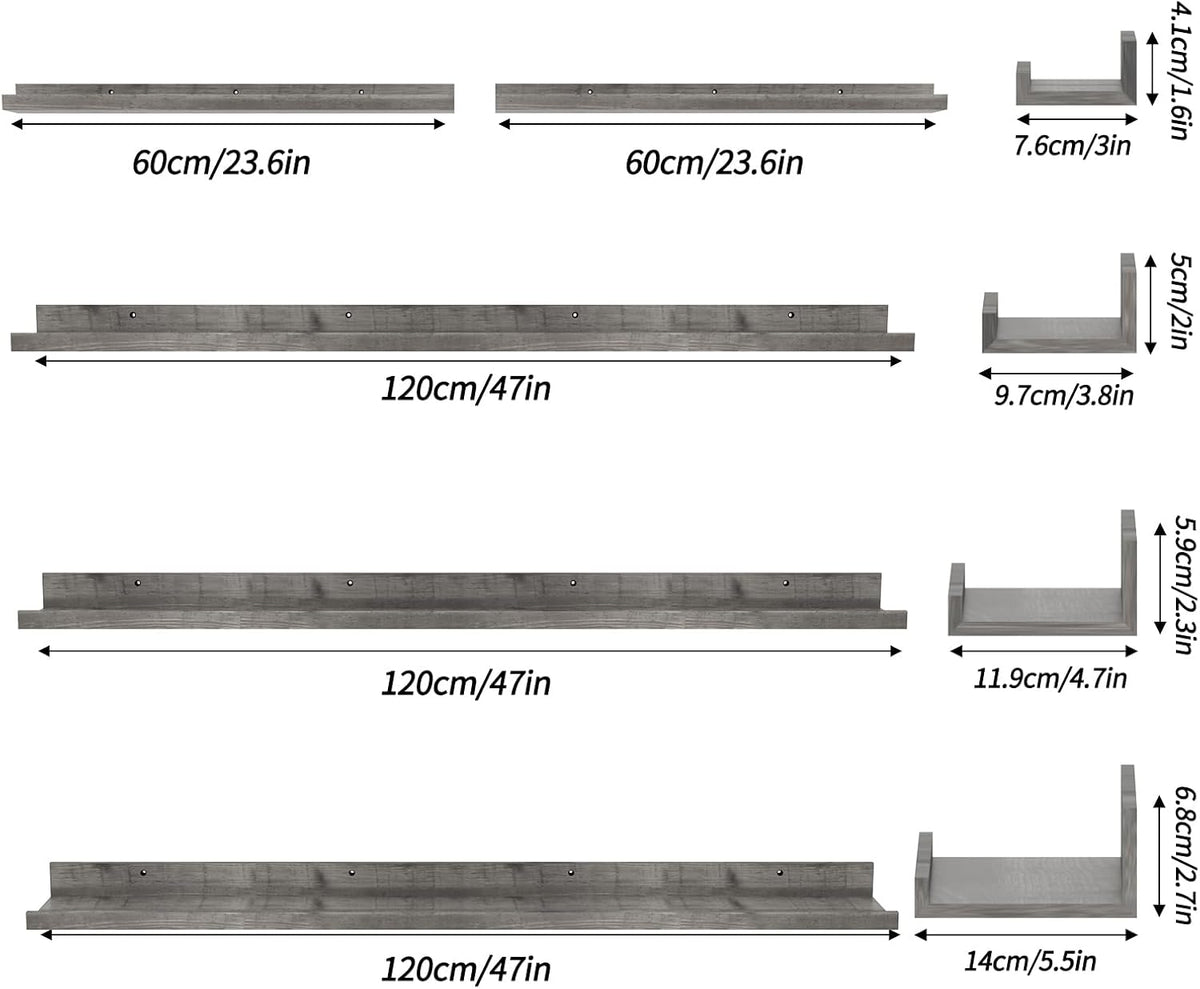 Giftgarden 47 Inch Long Floating Shelves for wall Set of 5, Grey Wood Wall Shelves for Bathroom, Bedroom, Kitchen, Living Room Storage and Decoration, Gray Wooden Picture Ledge
