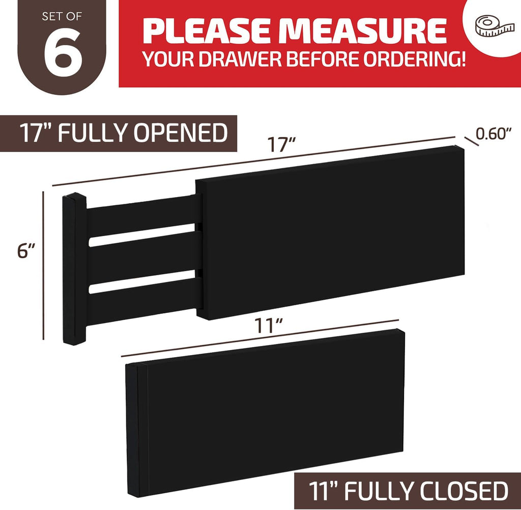 6 Pack Black Drawer Dividers - 6 Inch High for Deep Drawers, Adjustable 11.5 to 17 Inch Expandable Kitchen Drawer Organizer, Spring Loaded Dresser Separator for Clothes, Bedroom, Bathroom, Office
