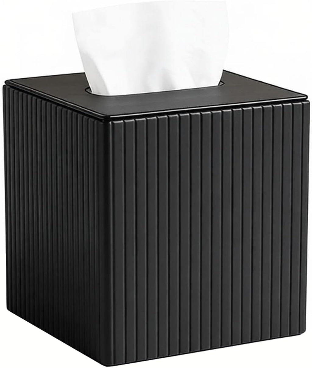 Square PU Leather Tissue Box Cover Holder with Magnetic Bottom Modern Cube Fits for Vanity, Bathroom, Bedroom, Living Room, Office,Nightstand(Black Stripe)