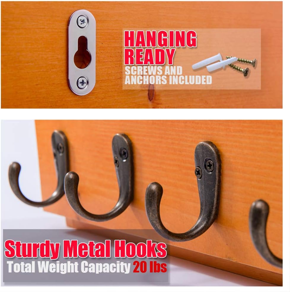 Wall Mounted Key and Mail Holder with 4 Hooks. Made of Solid Wood. Use as Key Rack, Entryway or Mudroom Organizer, Mail Sorter, Magazine Holder, Bill Sorter, Rustic Home Décor (Oak)