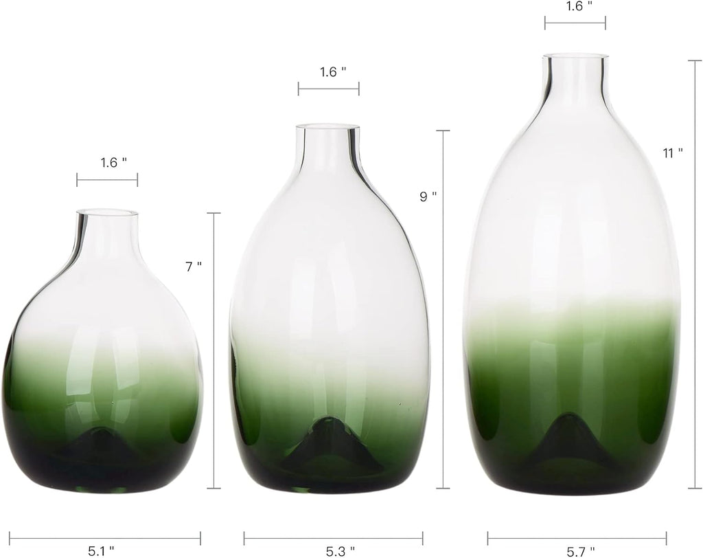 CONVIVA Modern Green Glass Flower Vase Set, 3 Sizes 11" 9" 7" Height